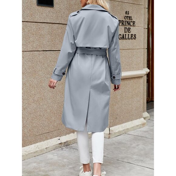 Women's Blue Double Breasted Causal Windproof Long Lapel Pocketed Trench Coats - Picture 5 of 5